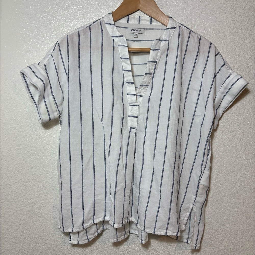 Madewell 100% Cotton Striped Top Size XXS | cuffed sleeves | v neck | stripes